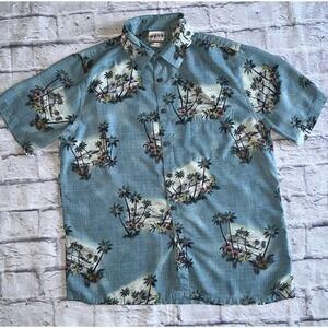 CAMPIA MODA Hawaiian Button Down Shirt‎ Men's L Blue Floral Tropical 100% Rayon